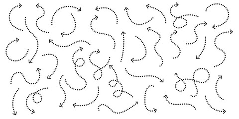 Dotted line arrows set directed down up right and turn wavy pointers signs on white background.