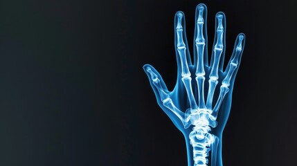 Naklejka premium X-ray Image of Human Hand Showing Detailed Bone Structure and Joint Anatomy with Dark Background