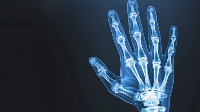 Transparent X-ray image of a human hand showcasing detailed bone structure and joint anatomy against a dark background
