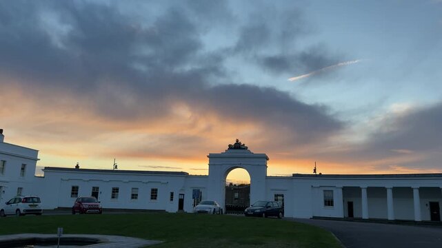 Historic White Barracks and Archway at Sunset in Gosport England