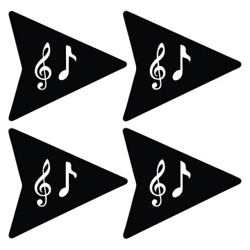 Four black triangular music note icons on with treble clef symbol