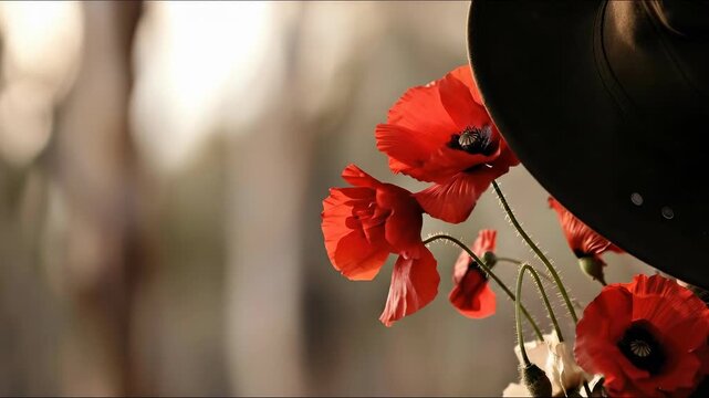 Bright red poppies blooming near an iconic slouch hat, representing the enduring spirit and ultimate sacrifice of Australian and New Zealand military personnel on Anzac Day