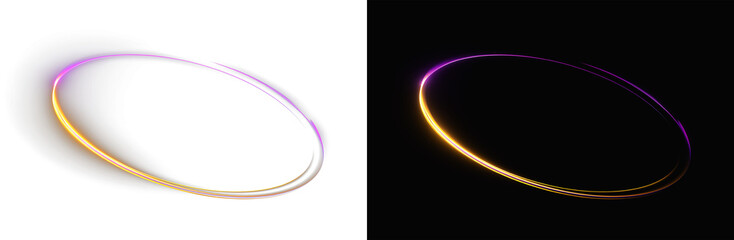 Glowing portal ring with magic energy and sparkling particles on white and black background, golden and purple overlay neon ring © Alehandro