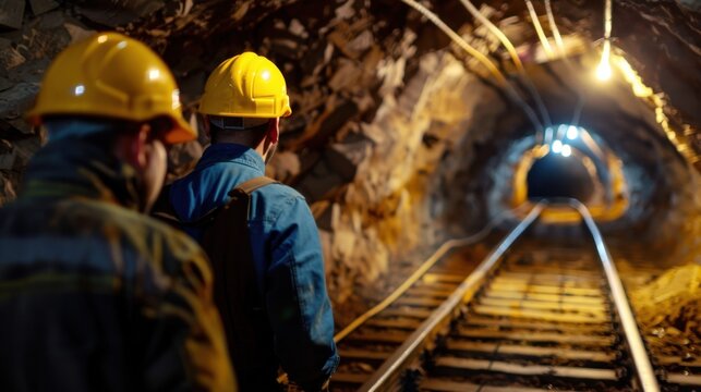 Miners Walking Through Dark Tunnel with Railroad Tracks and Safety Helmets in Underground Environment