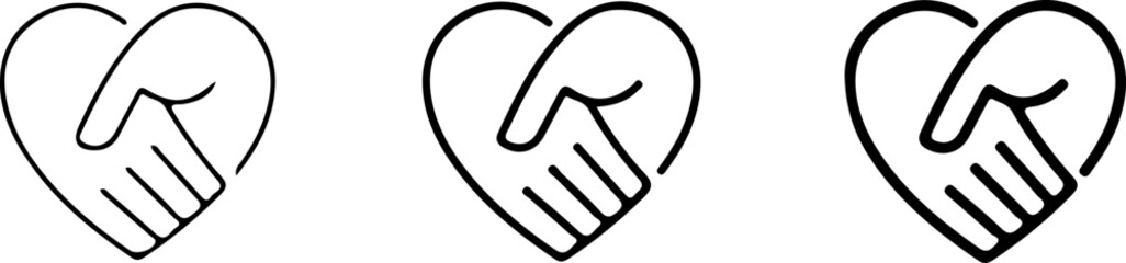 Handshake agreement friendly partnership deal, corporate trust contract thin outline icon. Minimalist line symbol heart shape made from two shaking hands. Vector isolated pictogram for web and app. © Ajimul