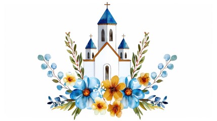 Charming White Church with Blue Rooftops Surrounded by Vibrant Floral Arrangement in Watercolor Style