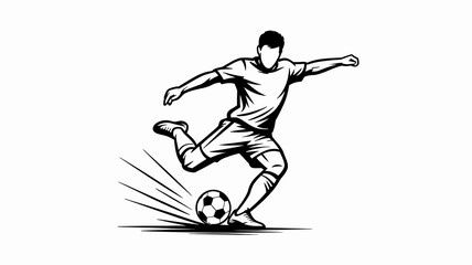 A black and white illustration depicts a soccer player in mid kick powerfully striking a ball with dynamic motion lines high quality professional detailed modern elegant