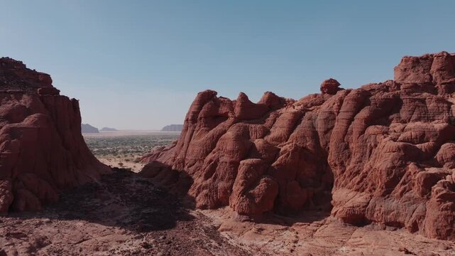 Mountains in the Sahara Desert, Aerial Drone View Flying Over Red Rocks in the Dunes