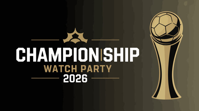 A promotional graphic announces a championship watch party for the 2026 event featuring a soccer ball and trophy silhouette high quality professional detailed modern elegant stylish