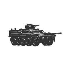 Armored combat vehicle with turret cannon in black silhouette, perfect for war, military, and battlefield design elements. © rputrapm