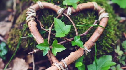Obraz premium Nature-Inspired Heart Shape Made of Twigs and Leaves on Green Moss Background in a Forest Setting
