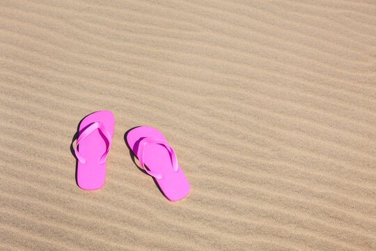 Pair of bright pink flip flops resting on smooth, rippled sand under the sun.