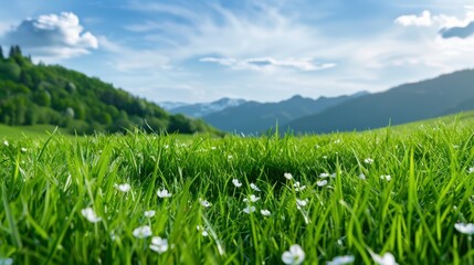 Obraz premium Lush Green Meadow with White Flowers Under a Bright Blue Sky and Mountainous Background