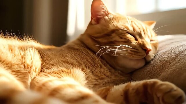 Orange cat sleeping peacefully on soft cushion in warm sunlight indoors serene scene