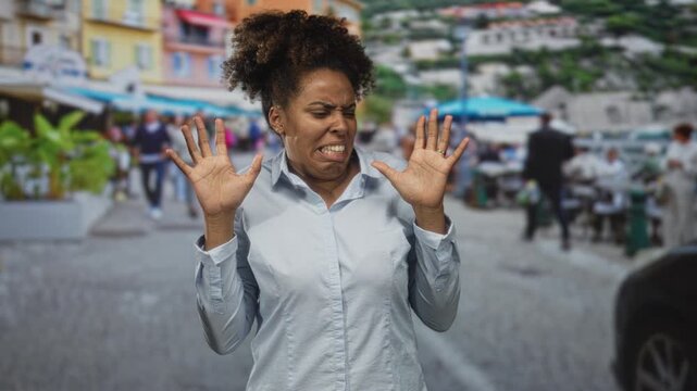 Woman with hands raised and grimacing, palms visible and recoiling slightly on a busy city street; disgust repulsion avoidance.
