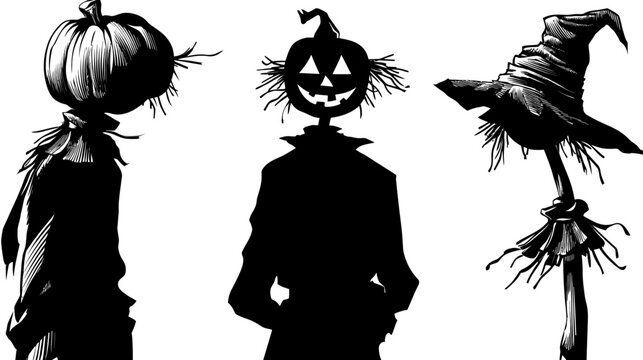 Collection of Spooky Scarecrow Silhouettes with Pumpkin and Jack-o'-lantern Heads for Autumn