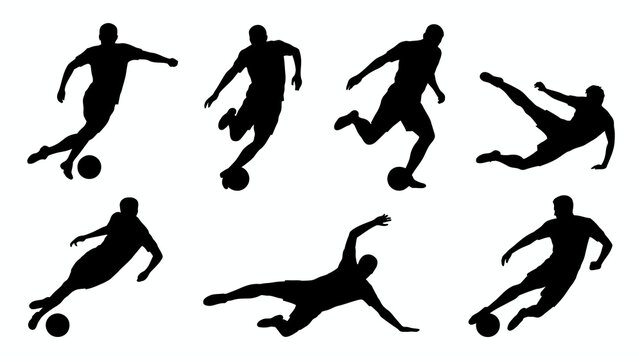 A collection of black silhouettes depicts various dynamic poses of soccer players in action showcasing movement and athleticism high quality professional detailed modern elegant stylish clean