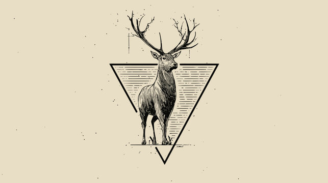 Majestic vintage deer with large antlers standing within a geometric triangle. Hand-drawn rustic graphic illustration with textured background.