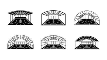 A series of black and white line drawings depict stadium or arena roof structures over a basketball court layout high quality professional detailed modern elegant stylish © Digishopppp