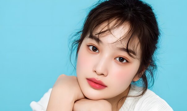  Korean girl with a soft baby face, very round face shape, soft chubby cheeks and youthful cheek volume