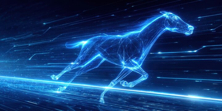 A blue horse running on a track, with a background featuring futuristic design elements and glowing light effects