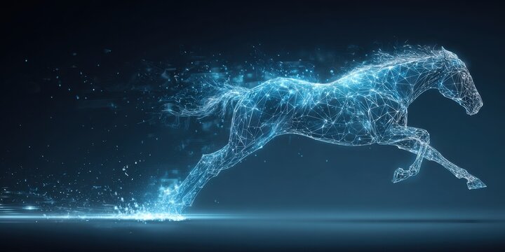 illustration of a blue neon horse running on a track, with a futuristic background