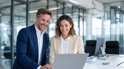 Obraz premium Happy young businesswoman entrepreneur and mature businessman manager working together on laptop in modern office. Smiling corporate colleagues discussing online project looking at computer