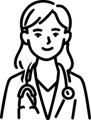 Obraz premium Hand Drawn Female Doctor Black and White Avatar Illustration in Minimal Line Art Style Design