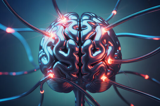 Stylized metallic brain with glowing red and blue neural cables, symbolizing artificial intelligence, neural networks, brain-computer interfaces, and advanced neuroscience concepts