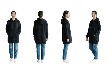 Fototapeta premium A high-quality studio mockup of a young woman wearing a long black hoodie with a front pocket and blue jeans. 