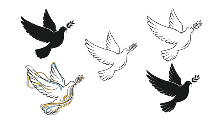 Fototapeta premium Five different illustrations of a white peace dove carrying an olive branch including silhouette and line art styles.