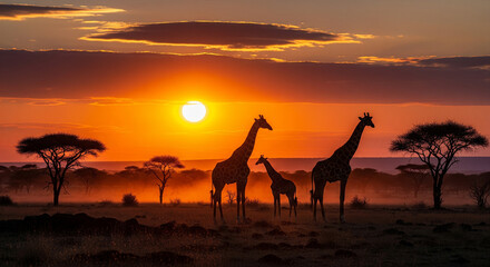 giraffes silhouette at sunset