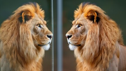Fototapeta premium Majestic Lion with Vibrant Mane Reflecting in Glass Surface, Showcasing Natural Beauty and Power of Wildlife