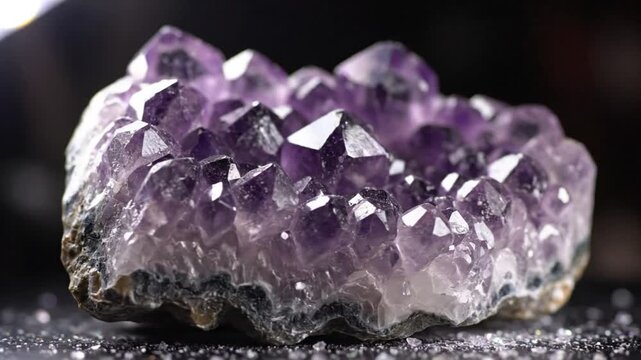 Mesmerizing close up of a beautiful purple amethyst crystal cluster with detailed facets and sparkle