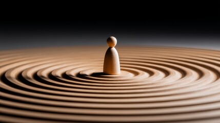 Naklejka premium Wooden figure standing on a ripple-patterned surface, symbolizing impact, presence, and influence in a tranquil environment, showcasing simplicity and artistry in design.