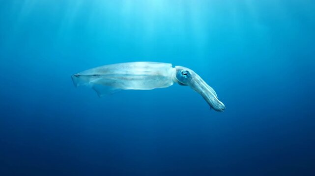 Transparent Squid Swimming Gracefully in Deep Blue Ocean Water