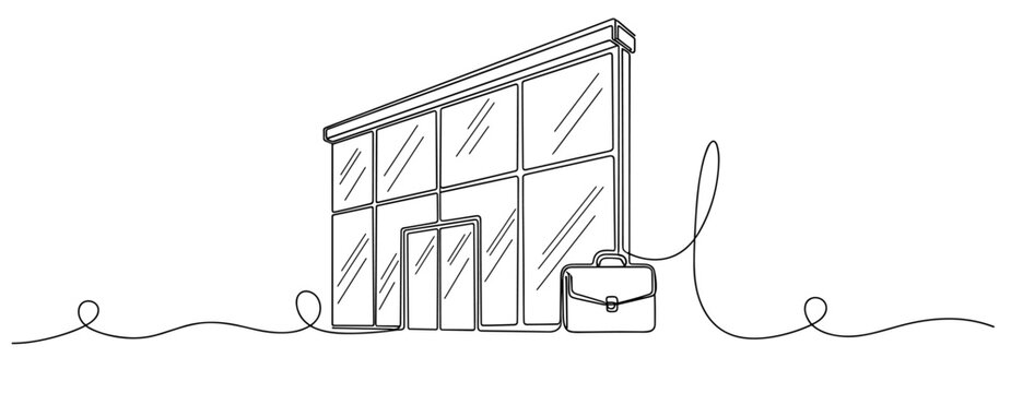 Office building with briefcase symbolizing business entrance. No editable stroke
