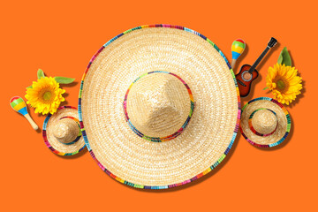Fototapeta premium Hats, flowers, and music instruments for Cinco de Mayo