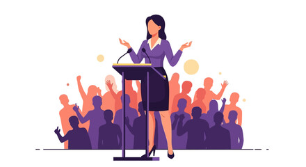 A female business icon in a purple outfit stands confidently at a podium, addressing a diverse crowd on a significant event day, symbolizing empowerment and leadership during Women's © Hadi