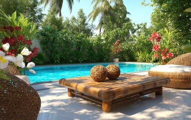 Tropical Island Inspired Pool with Lush Vegetation and Relaxing Ambiance