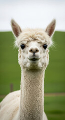Fototapeta premium Close up portrait of white alpaca with green field as background. Animal farming and agriculture concept for alpaca wool production.