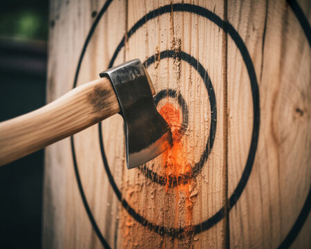 Hatchet stuck in a wooden target during an axe throwing game