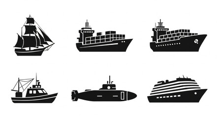 Obraz premium Collection of diverse ship and boat silhouettes for maritime transport.