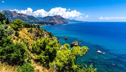 Obraz premium Breathtaking coastal vista showcasing lush vegetation on a rocky hillside merging with clear turquoise waters under a brilliant sky. Mountains in the distance