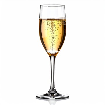 Elegant flute glass filled with sparkling golden bubbly liquid, white backdrop