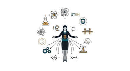 Fototapeta premium Illustration of a woman surrounded by science, technology, engineering, and mathematics icons for International Women in Science Day with a professional and educational mood.