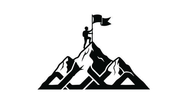 Silhouette of a person planting a flag on a mountain peak, symbolizing achievement and success.