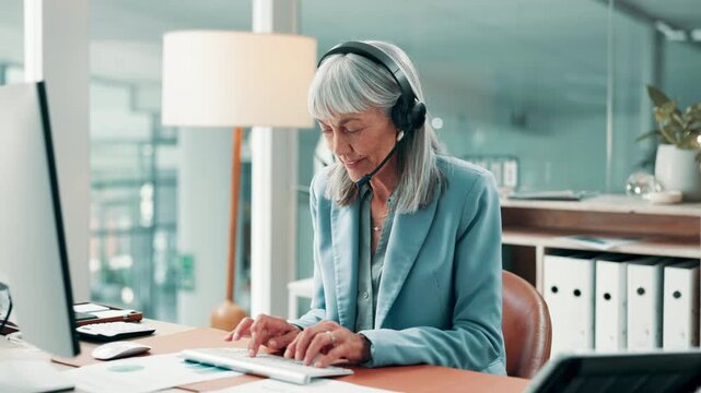 Computer, talk and woman with headset in office, sales call center and typing pitch for telemarketing. Chat, online offer or mature agent with tech for lead generation, outbound telecom or networking
