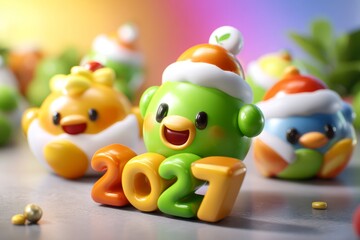 Playful 3D Clay Christmas Characters with Colorful Background and 2027 Theme