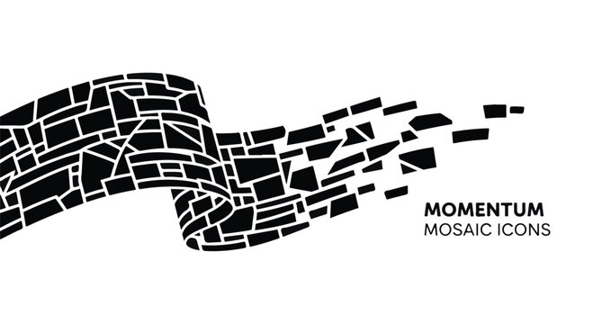Abstract black mosaic wave dissolving into fragments, symbolizing momentum and transformation.